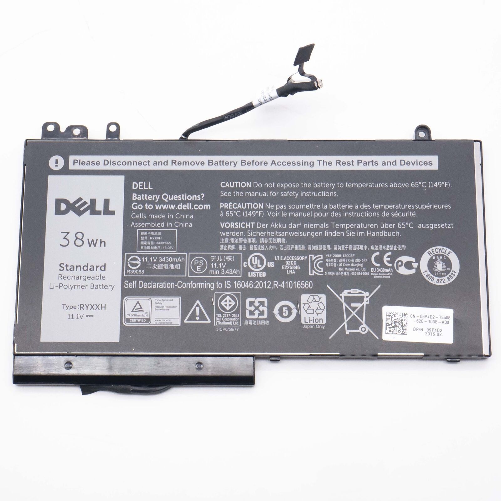 Pin Laptop Dell dùng cho Dell Latitude E5250, RYXXH E5250 RYXXH ngắn 38WH  – 3 CELL - Zin